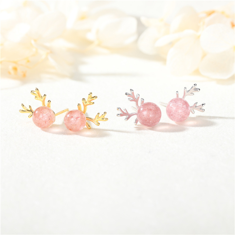 S925纯银草莓晶鹿角耳钉韩版小清新粉色水晶少女心麋鹿耳饰