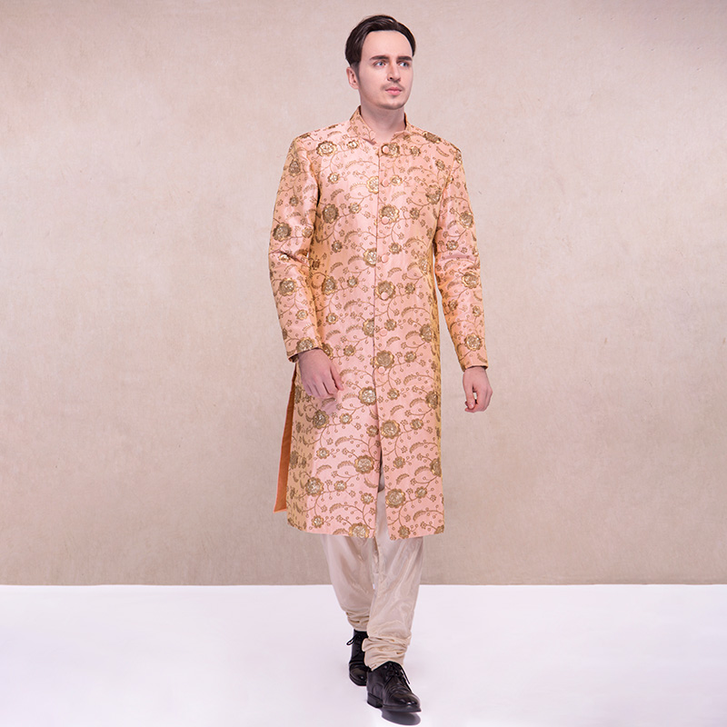 印度进口 男装宽松丝棉传统正宗民族服饰 刺绣含裤子浅橙奢华新款