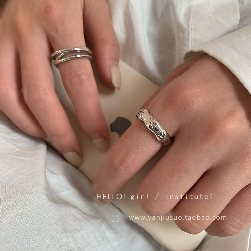 韩系双层叠戴素圈戒指女小众设计高级感开口食指戒冷淡风银色指环