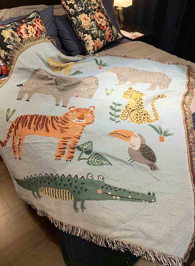 手绘动物卡通沙发毯子装饰毯毛毯野餐垫儿童房