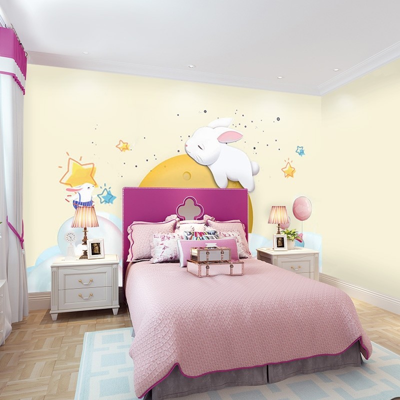 女孩兔子卡通卧室墙纸立体公主动漫可爱3D清新房间墙布儿童房壁纸