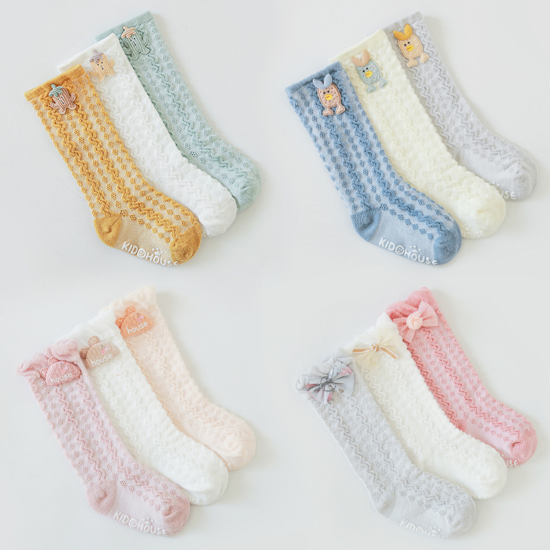 夏季新款精梳棉宝宝袜子新生婴幼儿防滑地板袜网眼蝴蝶结中高筒袜