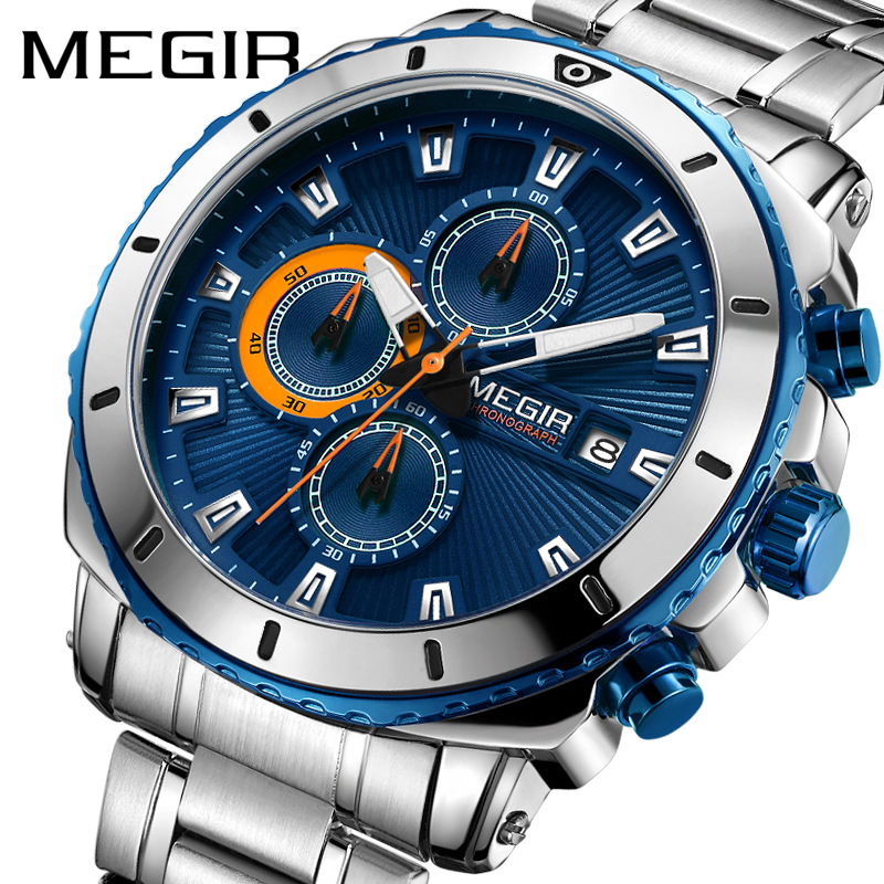 美格尔megir手表男户外时尚运动多功能计时防水夜光精钢带石英表