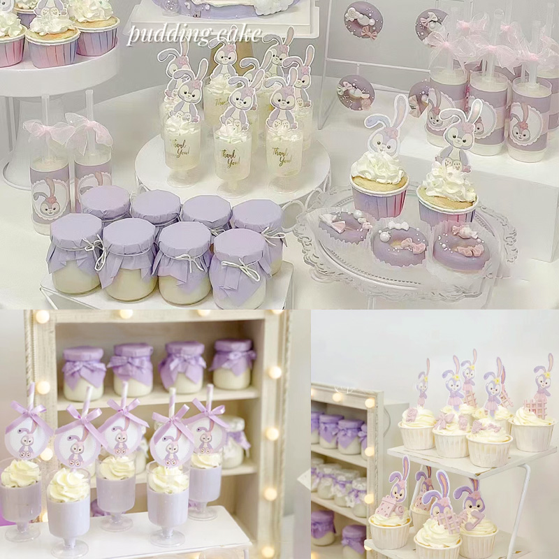 紫色小兔子甜品台蛋糕装饰星黛露推推乐布丁杯慕斯杯贴纸插牌插件