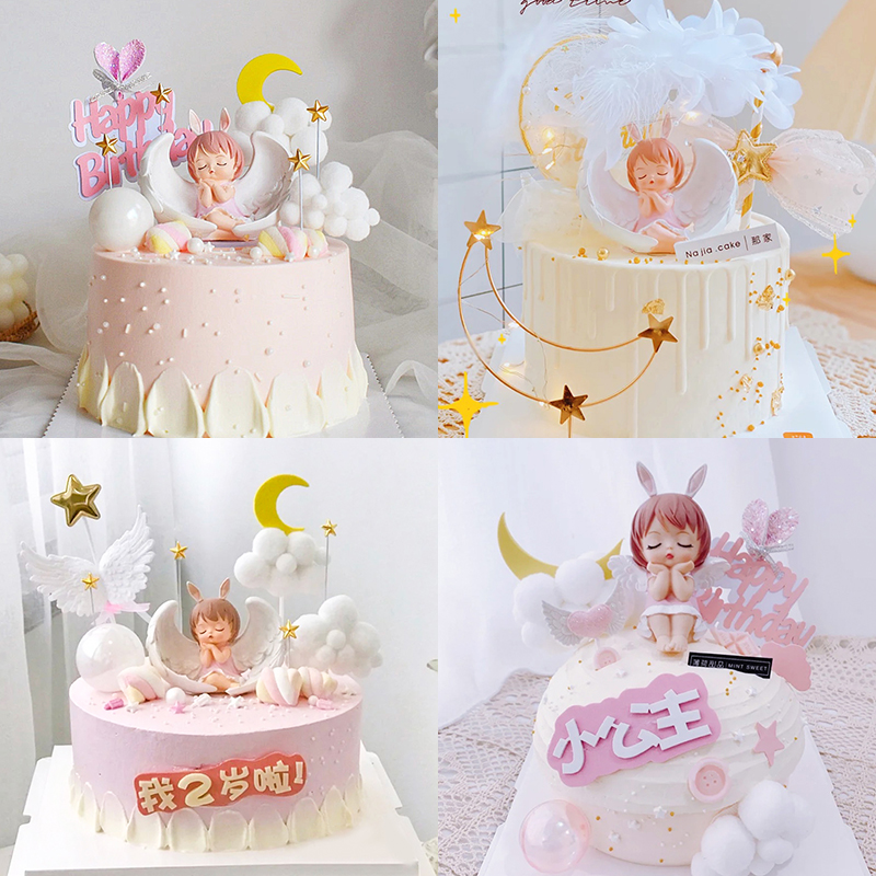 卡通可爱天使安妮蛋糕装饰摆件宝宝女孩烘焙月亮星星生日插牌装扮