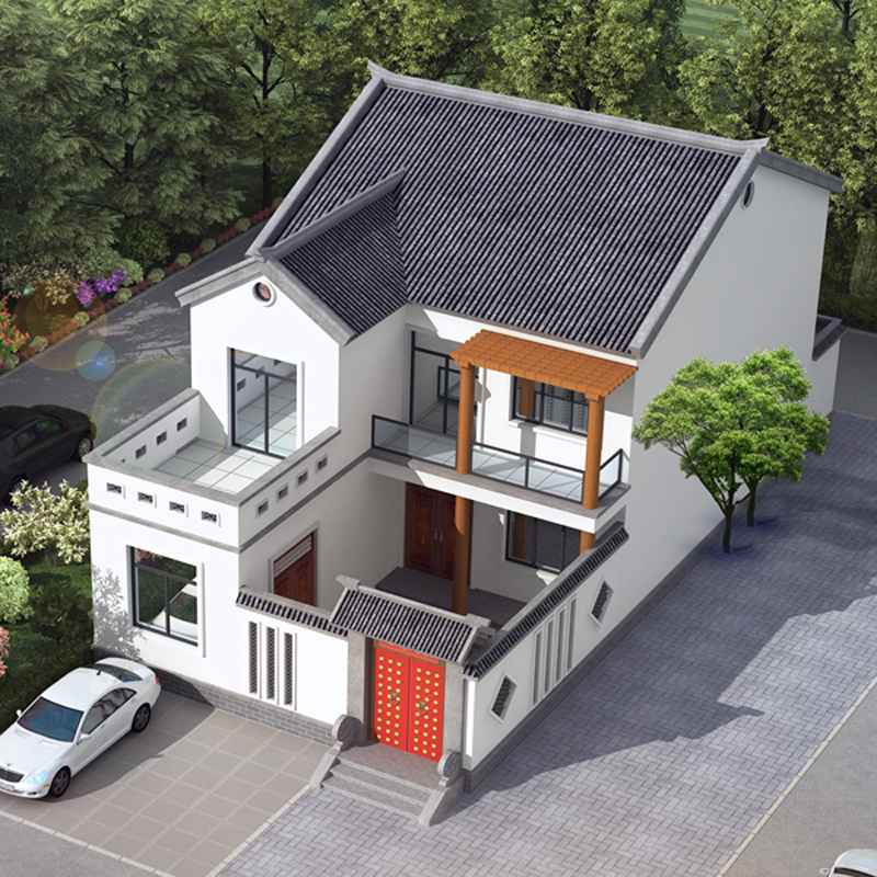 2215新中式四合院别墅设计图纸两层新农村自建房乡村小洋房简单