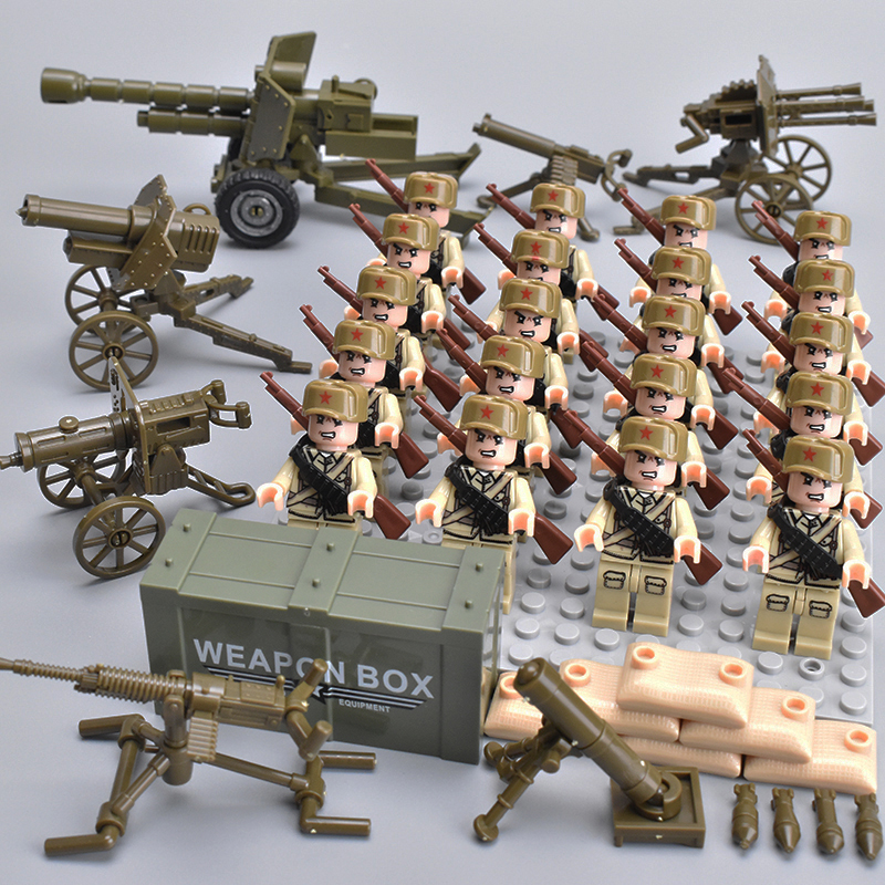中国军事积木人仔八路军打仗武器拼装玩具美德国苏意士兵男孩益智