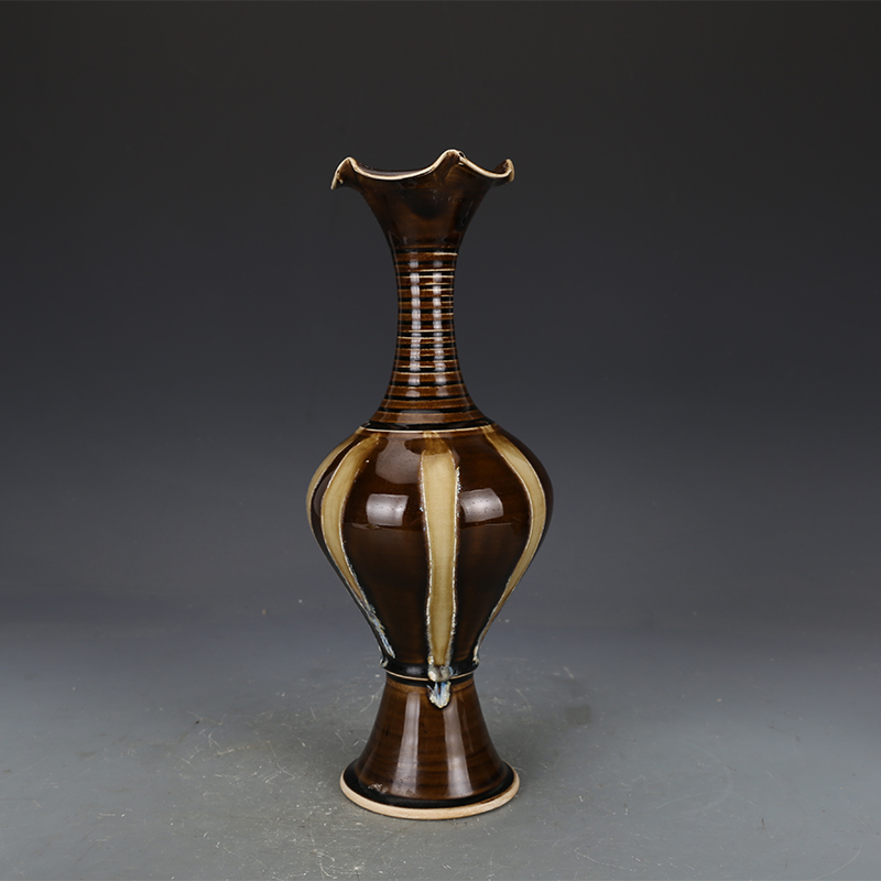 宋定窑酱色釉花口瓶 古董古玩老货宋瓷五大名窑收藏品