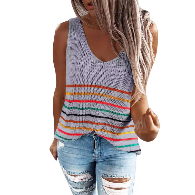 Sweater knitted vest T-shirt womens multi-color striped