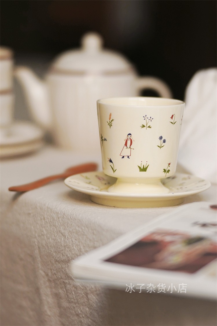 法式卡通小人复古高脚杯咖啡杯碟英式下午茶马克杯陶瓷家用餐具