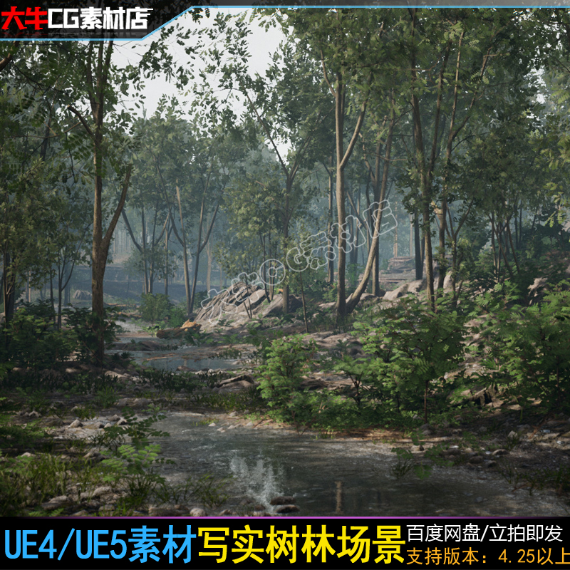 UE4虚幻5 写实树林 岩石溪流山林场景森林密林灌木碎石场景素材