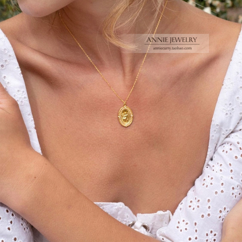 Annie Jewelry复古优雅 镶嵌珍珠立体浮雕天使头像金币椭圆形项链