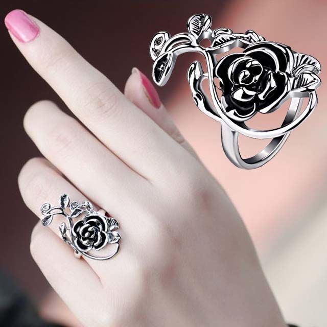 时尚潮人日韩个性简约复古银色玫瑰花夸张大气质食指戒指环女学生
