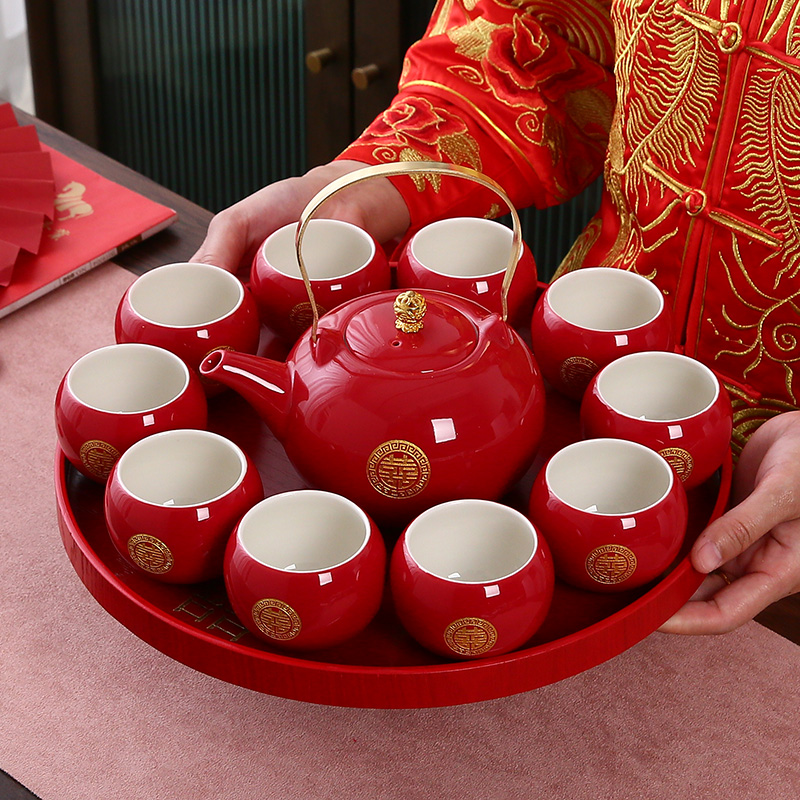 结婚庆敬茶杯中式订婚用品改口红色新娘陪嫁托盘茶壶茶具套装礼盒