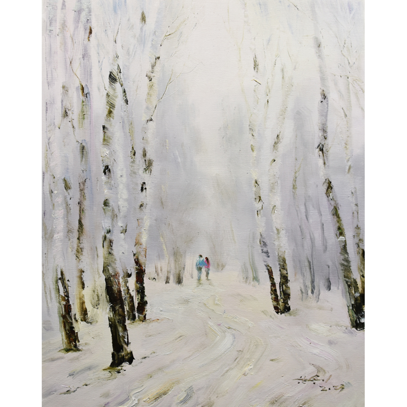 带合影朝鲜油画手绘高65cm韩松伊一级艺术家《雪中小路》xa947