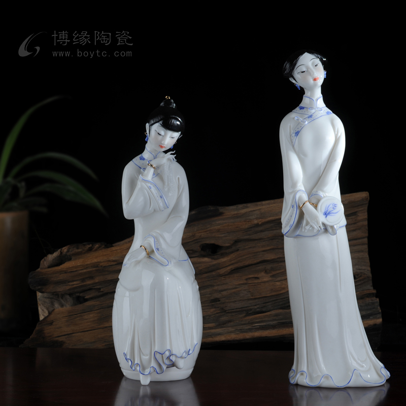 明清古典美女仕女手绘青花德化陶瓷白瓷江南风格办公玄关姐妹摆件