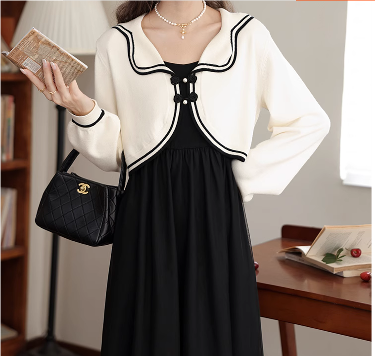 《竹枝词》秋季优雅气质时尚黑白高级长款薄纱两件套连衣裙