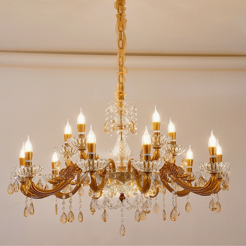 新款法式客厅全铜色水晶别墅吊灯欧式复古美式餐厅卧室大气水晶灯