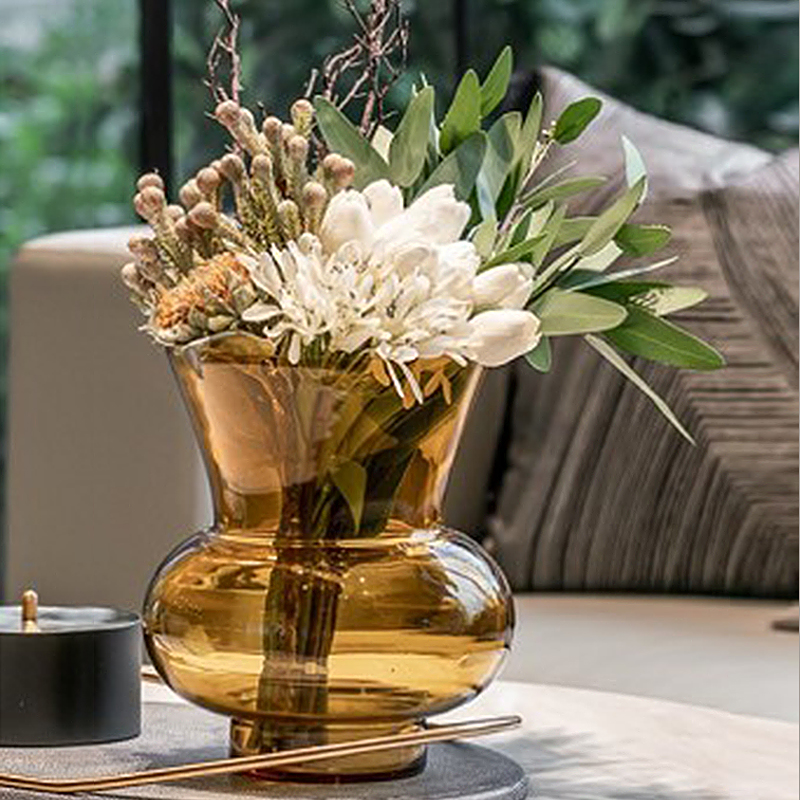 现代轻奢琥珀色喇叭口玻璃花瓶装饰摆件书房客厅餐桌端景台花艺