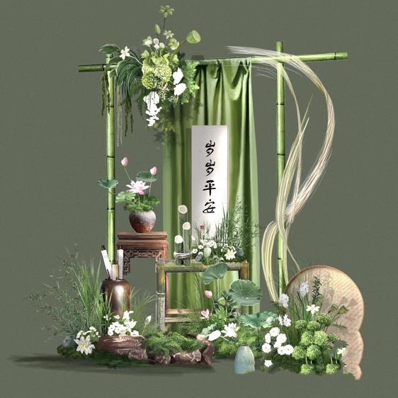 新中式白绿色淡雅荷花莲蓬竹子婚礼花艺道具元素PSD分层设计素材