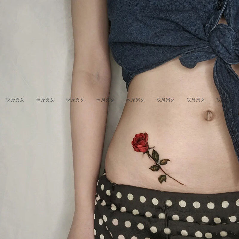 纹身贴纸手臂红色玫瑰花朵腰部腹部原创防水持久女男仿真刺青图案