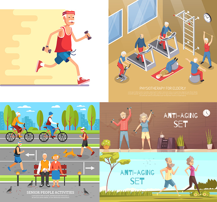 老年人锻炼身体 老人老太太健身运动跑步插画 AI格式矢量设计素材