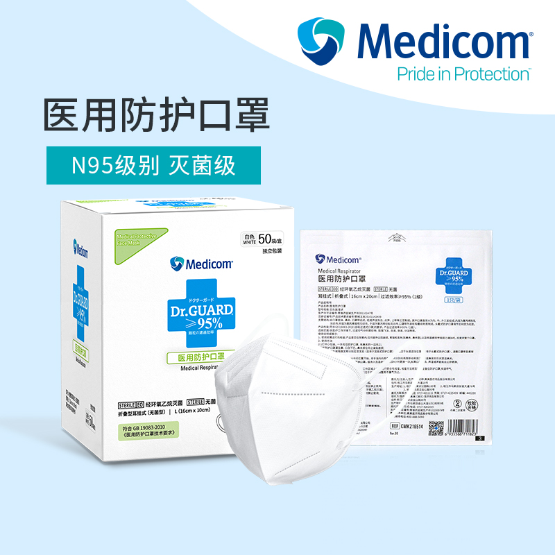 Medicom麦迪康n95级医用防护口罩医疗级别医护灭菌级耳挂头戴式