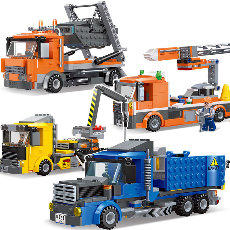 钻头车自卸卡车立柱工程车运输垃圾车杰星拼装积木塑料儿童玩具