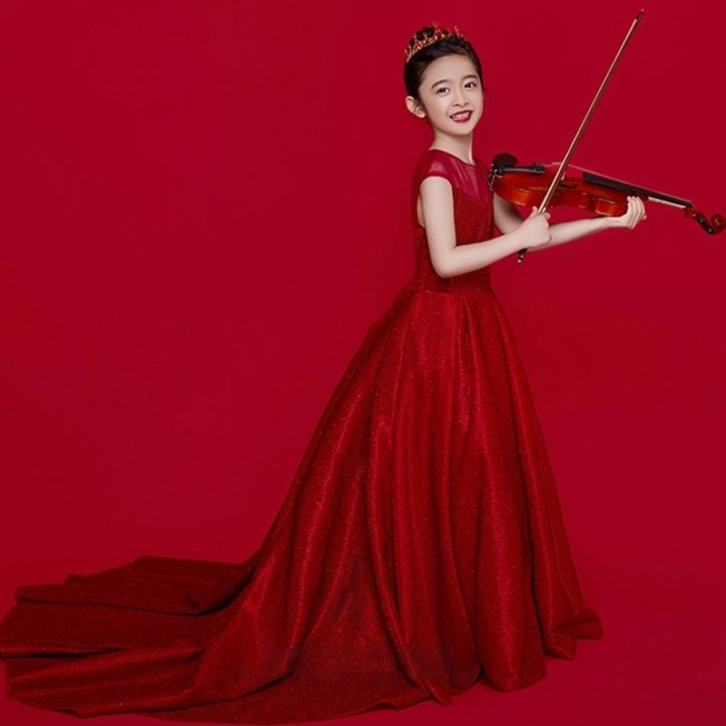 儿童礼服2023新款高端女童红色拖地主持人钢琴小提琴表演出服秋冬