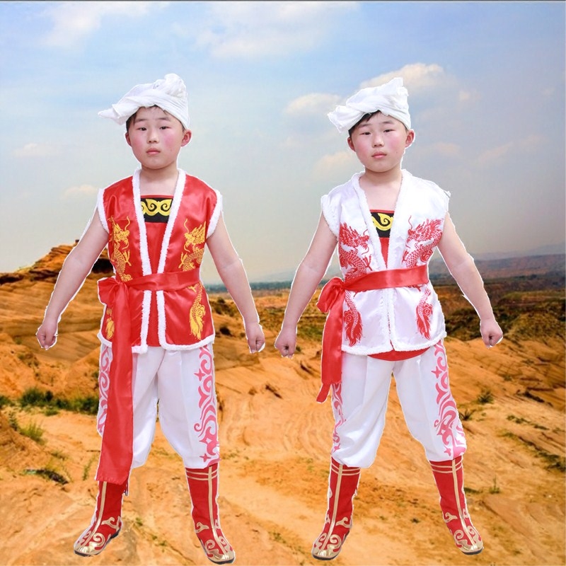 新款儿童六一演出服安塞腰鼓舞蹈红色印龙马甲陕北民族风格打鼓服