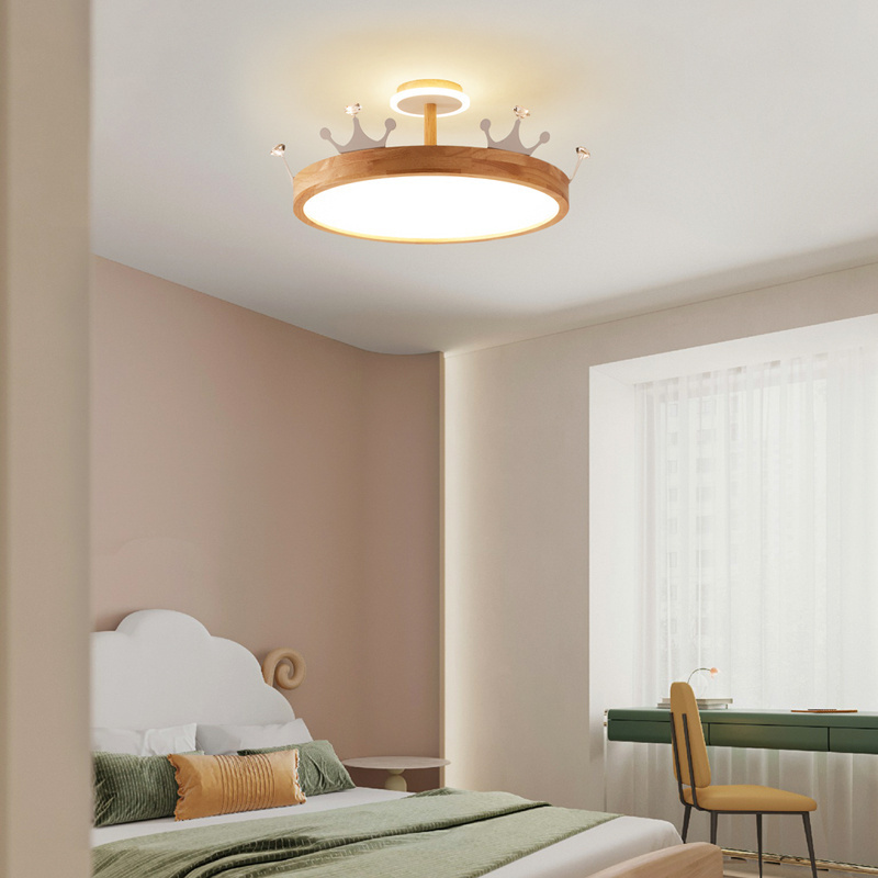 原木风卧室儿童房吸顶灯北欧简约现代皇冠奶油风创意温馨LED智能