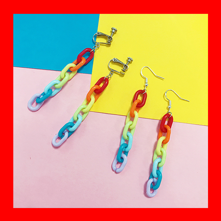[A.N.A]就是喜欢泫雅风~925彩虹亚克力糖果色拼接链条耳夹耳环