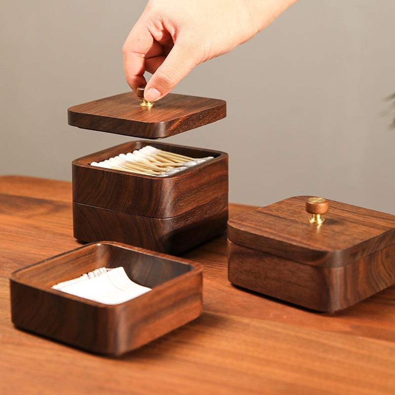 实木高档牙线盒家用中式黑胡桃木棉签收纳盒创意轻奢铜把手牙签盒