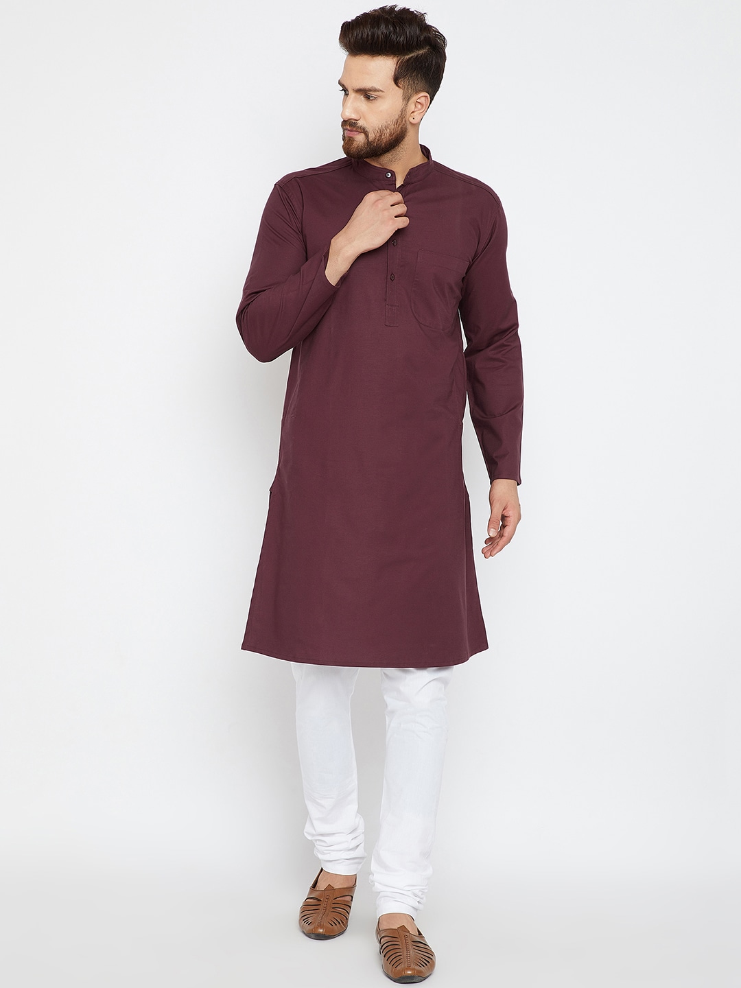 印度进口男装宽松混纺棉传统正宗民族服饰纯色长袖中长款上衣
