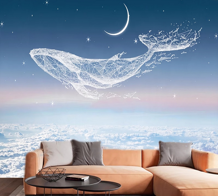 3D几何鲸鱼壁画沙发电视背景墙布儿童房男孩女孩墙纸唯美星空壁布