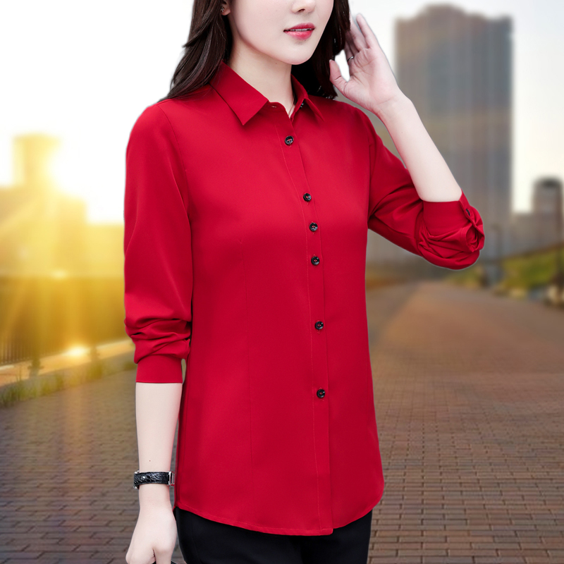 大码衬衫女士长袖春秋新款漂亮雪纺衫显瘦上衣气质职业装红色衬衣
