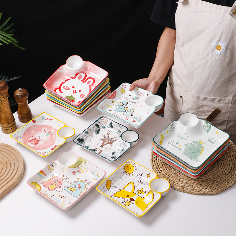 创意卡通陶瓷饺子盘专用带醋碟可爱水饺盘儿童分格盘寿司盘蘸料碟