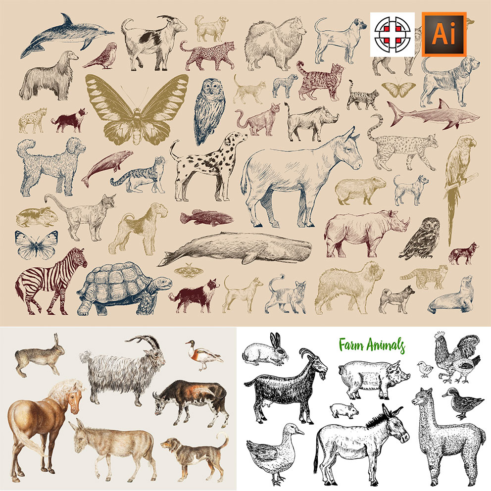 牛羊马狗海洋野生动物素描线描草图插画AI矢量设计素材