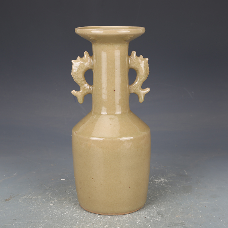 宋瓷收藏龙泉窑酱色釉双耳瓶古董古玩旧货老货收藏品花瓶摆件