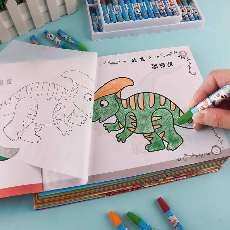 儿童蒙纸临摹画画涂色本幼儿园宝宝手绘恐龙简笔画汽车填色绘画册