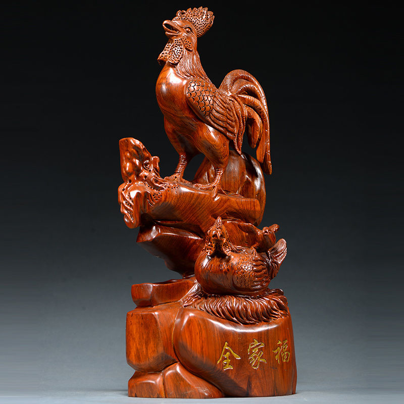 木雕鸡摆件黄花梨全家福实木雕刻招财十二生肖动物家居红木工艺品