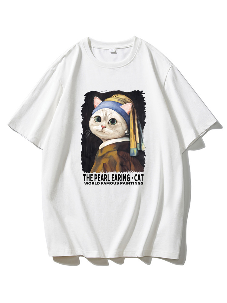 戴珍珠耳环的猫咪貓少女短袖T恤纯棉世界名画男女ins潮牌宽松夏季