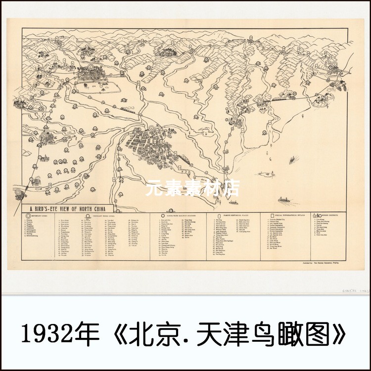 1932年北京天津鸟瞰图 英文版 标清电子版老地图JPG格式 非实物