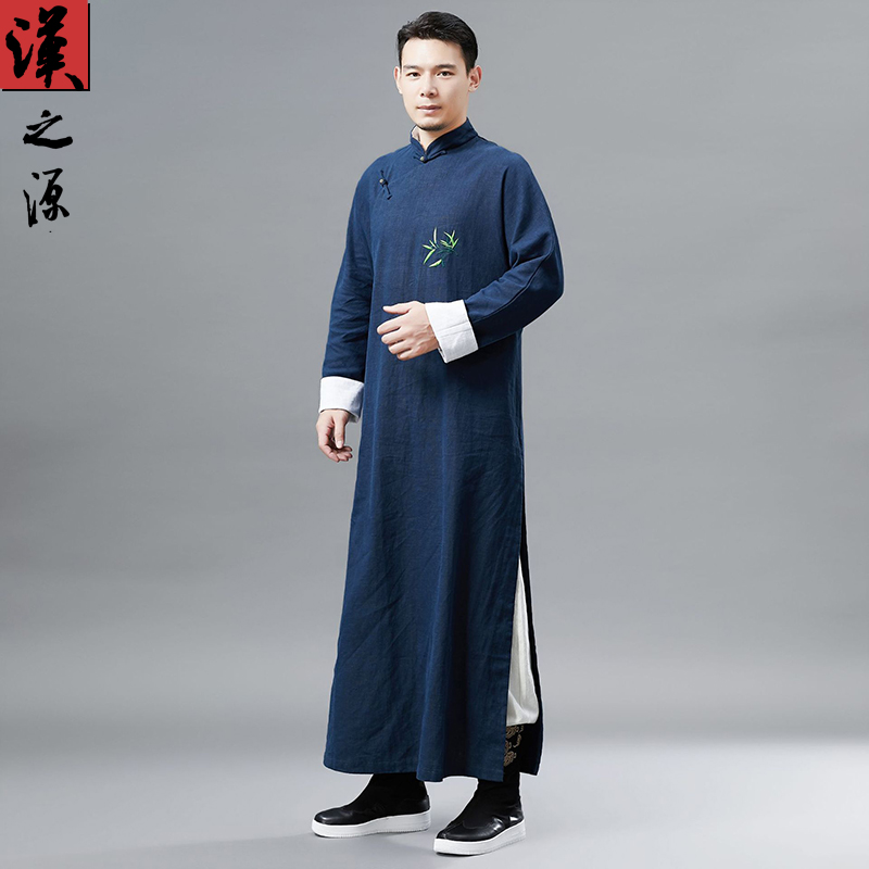 中国风民国长款长衫苎麻男装中式立领唐装古装长袍竹叶刺绣汉服潮