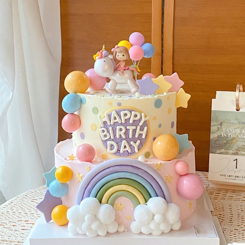 女孩生日蛋糕装饰独角兽女孩马卡龙球球彩虹城堡儿童生日甜品台c