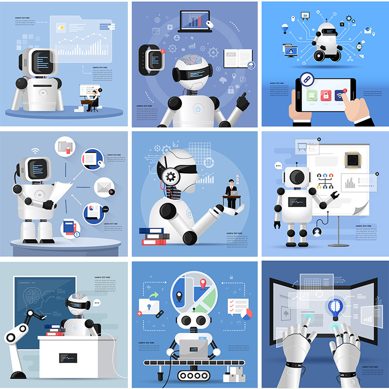 人工智能机器人高科技生活手绘卡通2.5D场景插图矢量设计素材9112