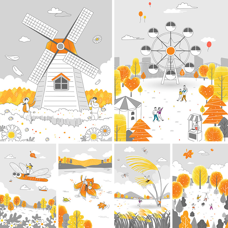 创意手绘秋天郊游露营风车蜻蜓摩天轮场景矢量插图设计素材92122