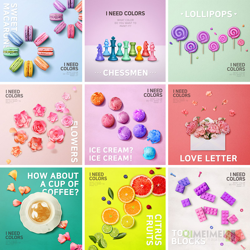 彩色糖果色甜品马卡龙鲜花水果冰激凌咖啡海报PSD设计素材101608