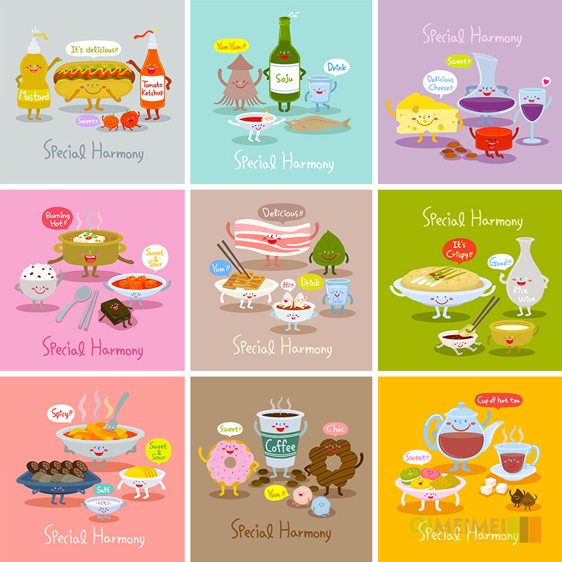 可爱卡通餐饮美食果汁饮料表情形象化插图海报矢量设计素材101106