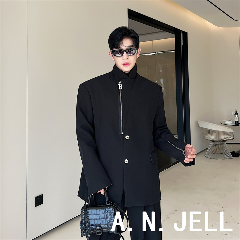 韩国版男装东大门23秋明星发型师个性潮不规则拉链垫肩西服装外套